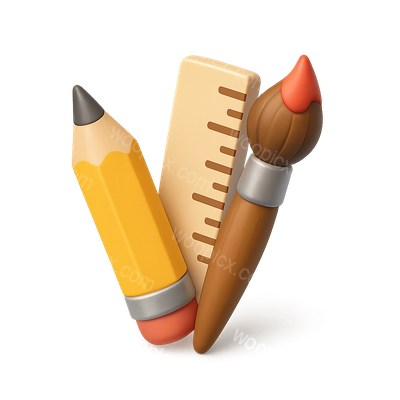 Colorful 3D Art Supplies Icon with Paintbrush, Pencil, and Ruler