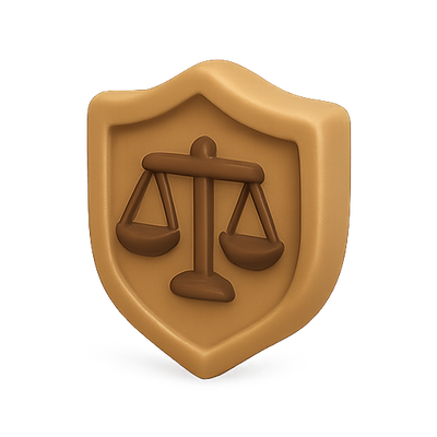 3D Shield Icon with Scales of Justice Symbol