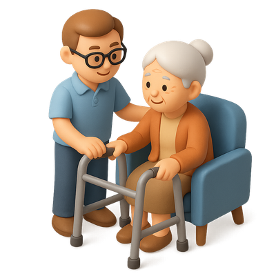 3D Isometric Icon of Senior Care with Caregiver and Elderly Woman