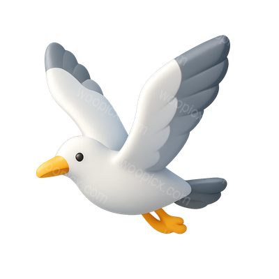 Stylized 3D Seagull Icon in Flight (Isometric View)