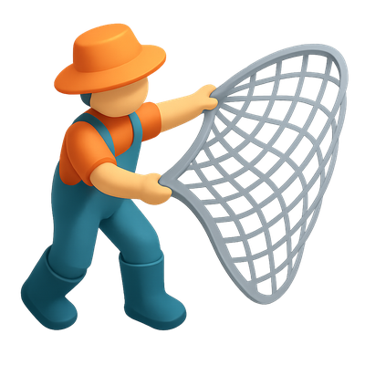 3D Icon of a Fisherman Casting a Net in Isometric View