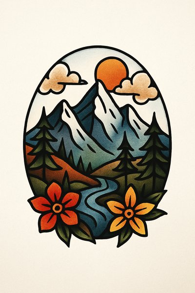 Colorful Mountain Landscape Illustration with Floral Elements