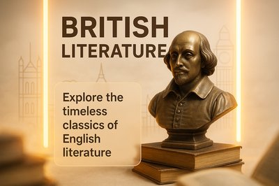 British Literature Promotional Graphic Featuring a Bust of Shakespeare