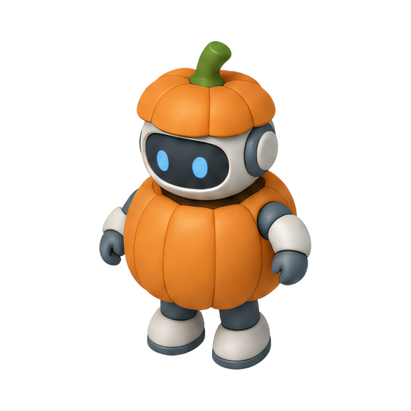 playful robot in pumpkin costume