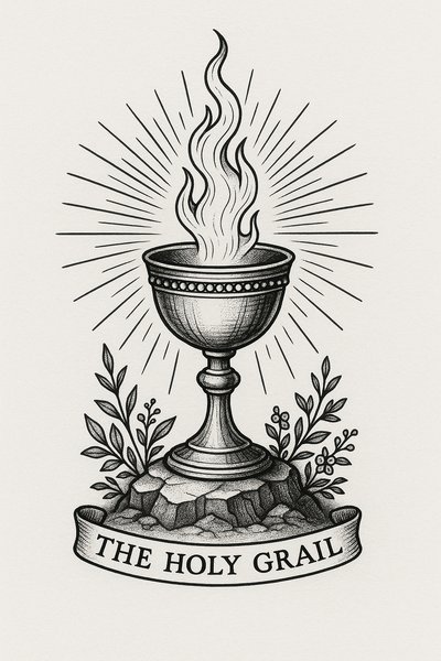 Illustrative depiction of the Holy Grail with flame and floral elements