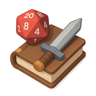 3D RPG Icon Featuring Dice and Sword on Book