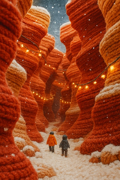 3D Yarn Canyon Scene with Cozy Holiday Atmosphere