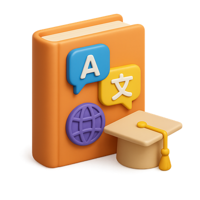 3D Language Education Icon with Book and Graduation Cap