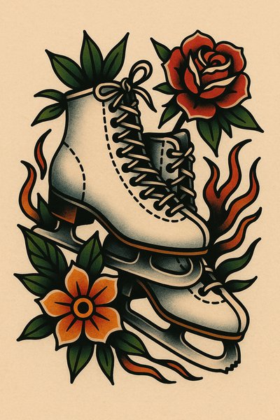 Stylized Illustration of Ice Skates with Floral Elements