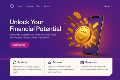 Realistic Landing Page Design with Gold Coins and Modern Aesthetic