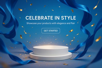 Elegant Product Showcase Banner with Ribbons and Confetti