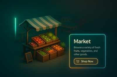 3D Market Scene with Neon Accents and Dark Background