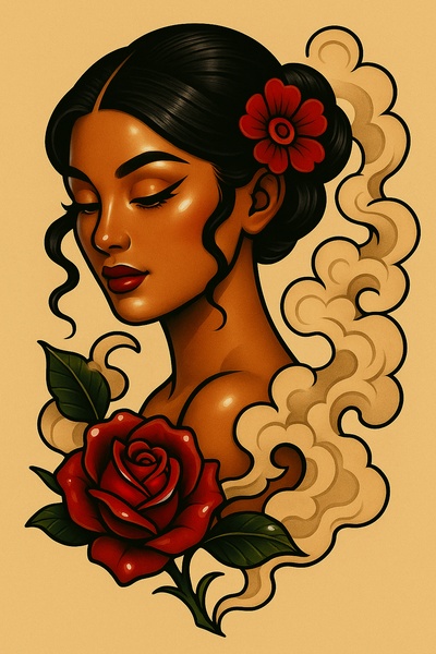 Stylized Portrait of a Woman with a Rose and Smoke