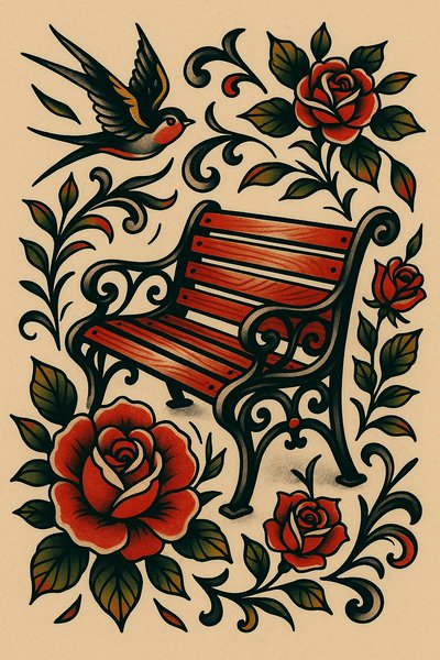 Artistic Tattoo Design Featuring a Bench and Roses