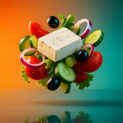 Dynamic Greek Salad in Mid-Air with Vibrant Background