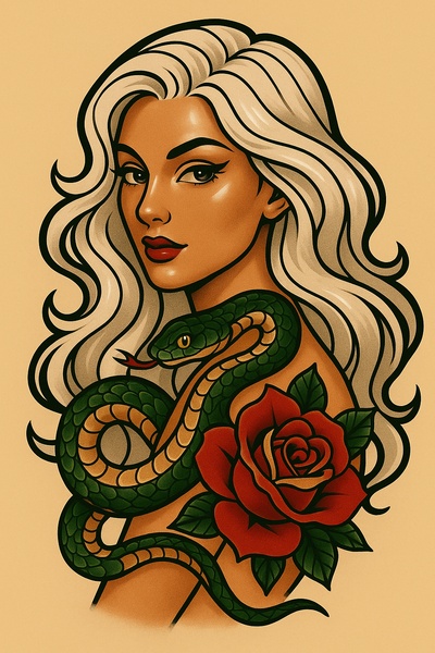 Stylized Tattoo Art of a Woman with a Snake and Rose