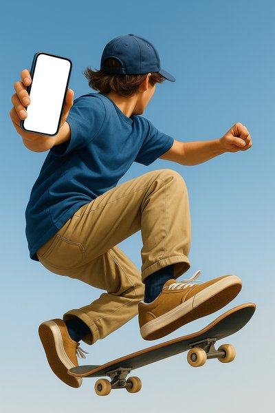 Teen Skateboarder Jumping with a Blue Phone