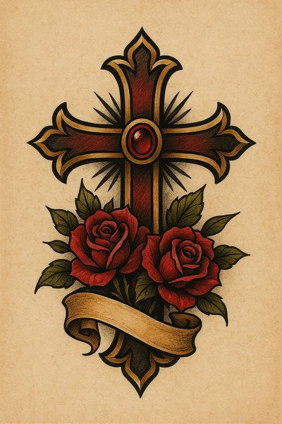 Detailed tattoo design featuring a cross and roses