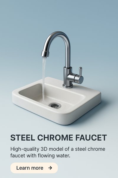 Realistic Steel Chrome Faucet with Water Flow