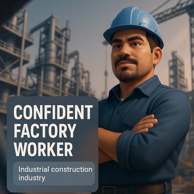 3D Illustration of a Confident Factory Worker in Industrial Setting