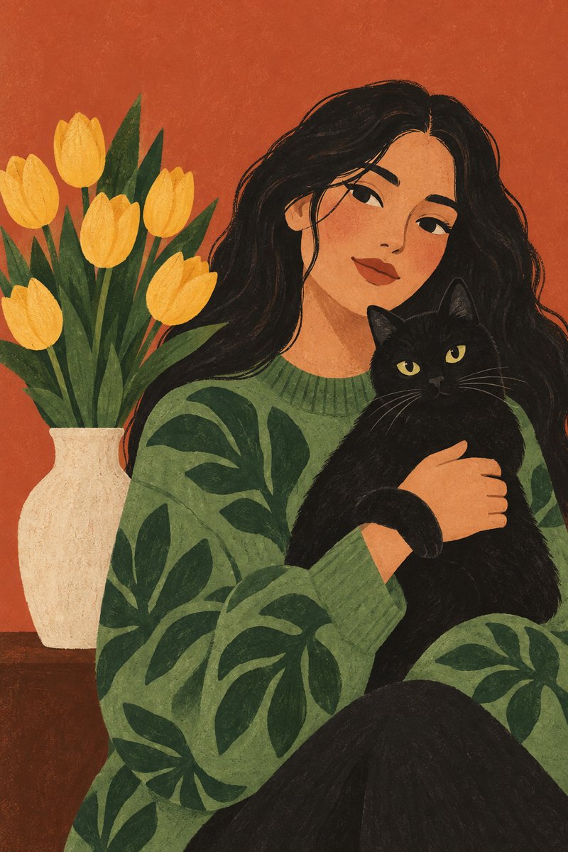 Woman with Cat and Tulips