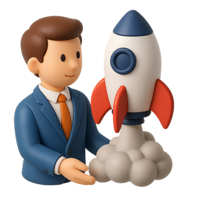 3D Entrepreneur Icon with Rocket Launching Startup