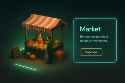 3D Market Scene with Neon Accents and Gradient Background