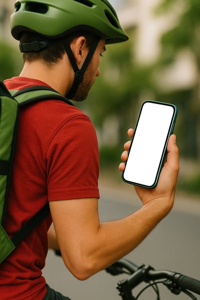 Dynamic Courier on Bicycle Holding a Phone