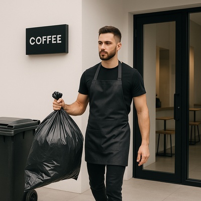 Barista Taking Out Trash in Modern Coffee Shop