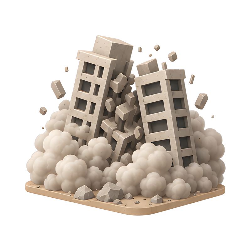 dramatic building demolition scene