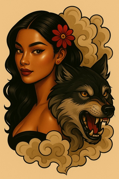 Stylized Tattoo Art of a Woman with a Wolf in Smoke
