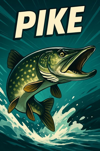 Dynamic Illustration of a Pike with Bold Typography