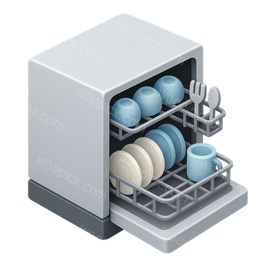 Stylized 3D Dishwasher Icon with Loaded Dishes