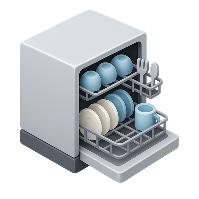 Stylized 3D Dishwasher Icon with Loaded Dishes