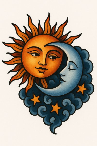Artistic Illustration of Sun and Moon Faces with Clouds