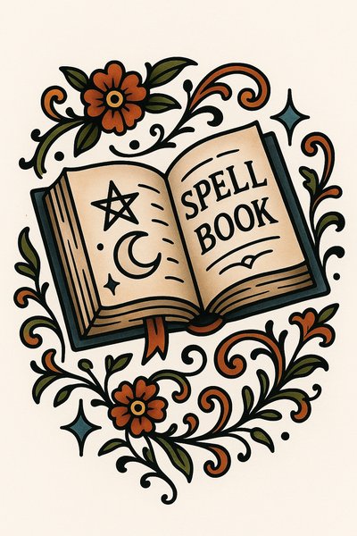 Illustrative Design of an Open Spell Book with Floral Accents