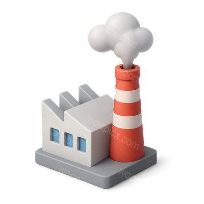 3D Factory Icon with Emitting Smoke in Isometric View