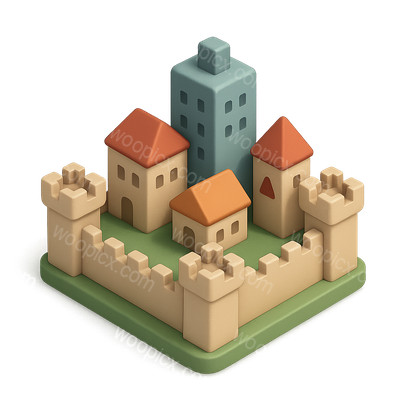 Colorful 3D City Icon with Castle and Buildings