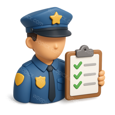 Stylized 3D Police Icon with Checklist in Isometric View