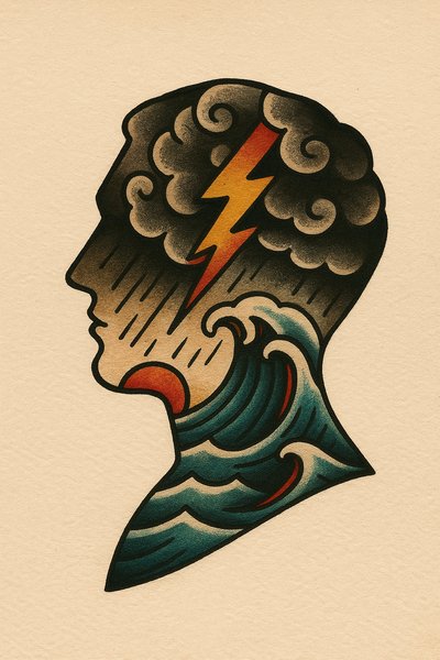 Storm Inside a Silhouette Tattoo Design with Waves and Lightning