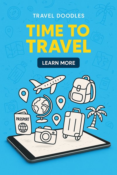 Vibrant Travel Doodle Display with Modern Typography