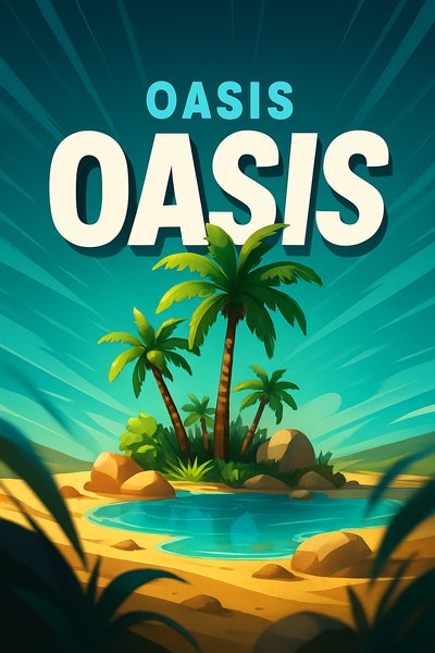 Dynamic Oasis Illustration with Bold Typography
