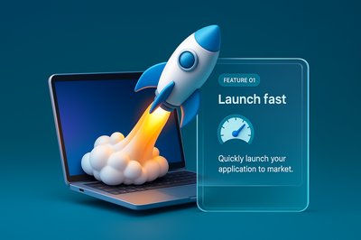 3D Illustration of Laptop with Rocket Launching