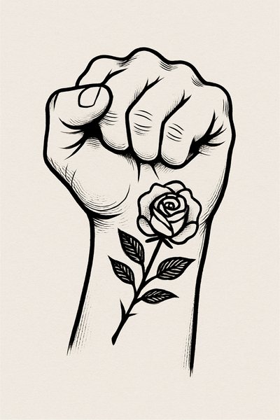 Stylized Hand Fist with Rose Tattoo Illustration