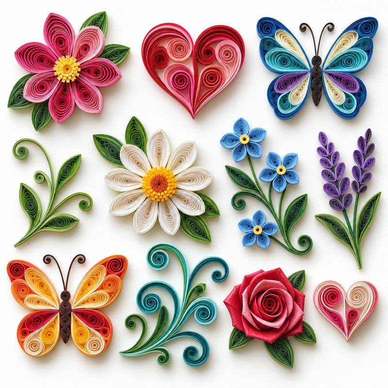 Colorful paper quilling elements