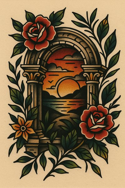 Artistic Illustration of a Sunset Through an Arch with Flowers
