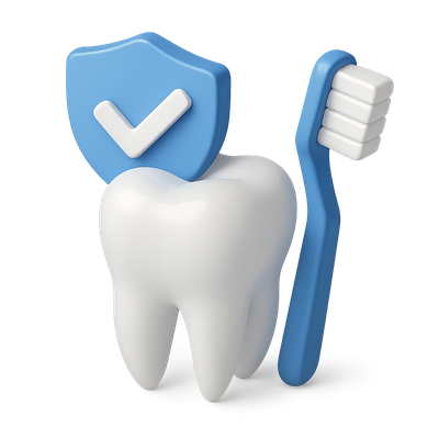 3D Dental Icon Featuring Tooth, Shield, and Toothbrush