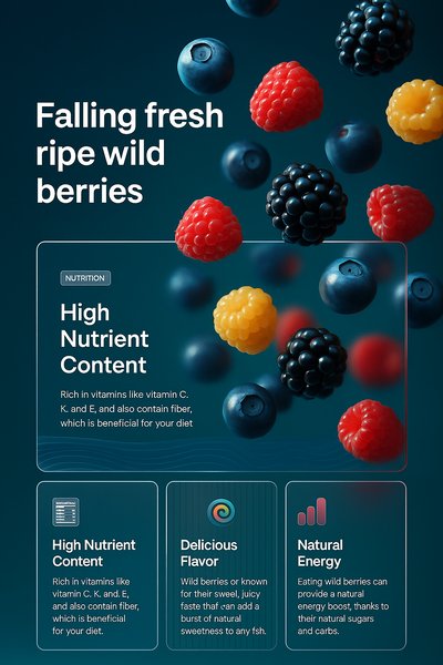 Vibrant Falling Fresh Ripe Wild Berries in 3D Illustration