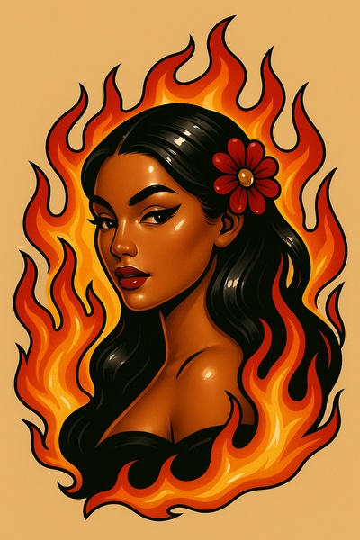 Stylized Tattoo Art of a Woman Surrounded by Flames