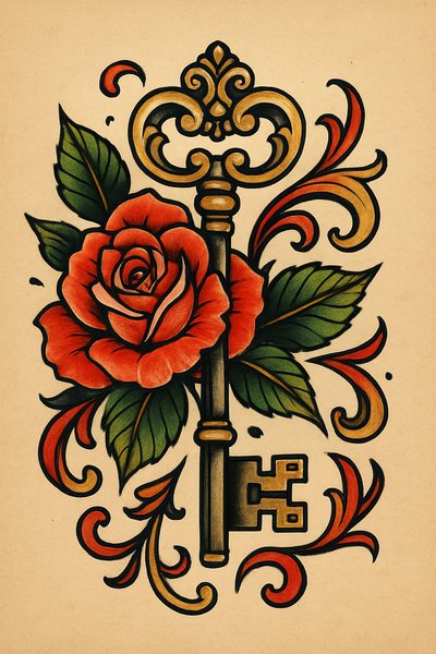 Vintage key and rose tattoo design with intricate floral elements
